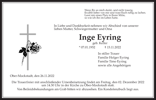 Traueranzeige von Inge Eyring von Kreis-Anzeiger