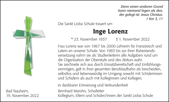 Traueranzeige von Inge Lorenz von Wetterauer Zeitung