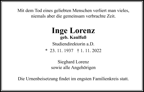 Traueranzeige von Inge Lorenz von Wetterauer Zeitung