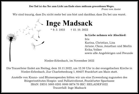 Traueranzeige von Inge Madsack von Bad Vilbel/Karben