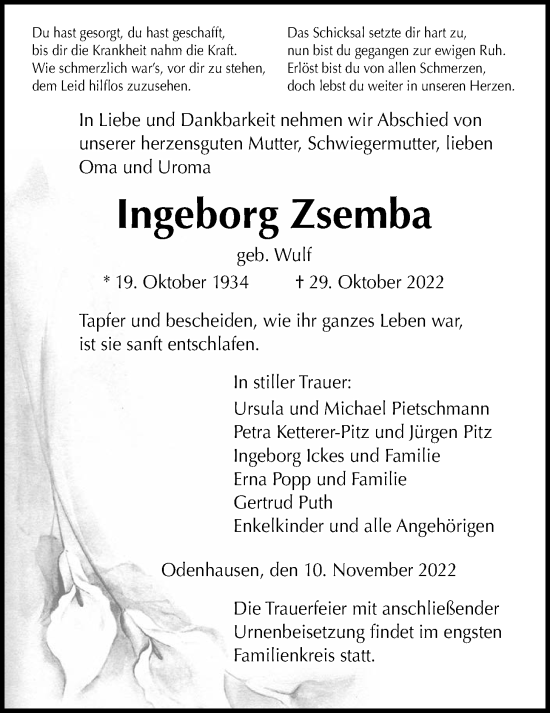 Traueranzeige von Ingeborg Zsemba von Rabenauer Zeitung