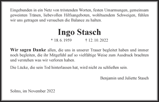 Traueranzeige von Ingo Stasch von Giessener Allgemeine, Alsfelder Allgemeine, Giessener Anzeiger