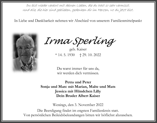Traueranzeige von Irma Sperling von Kreis-Anzeiger