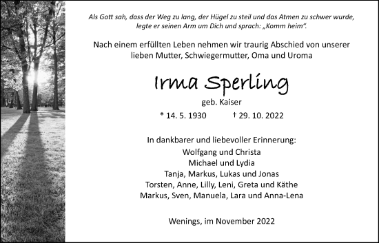 Traueranzeige von Irma Sperling von Kreis-Anzeiger