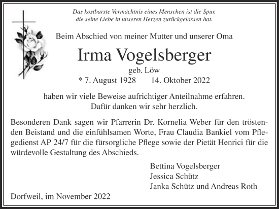 Traueranzeige von Irma Vogelsberger von Usinger Anzeiger