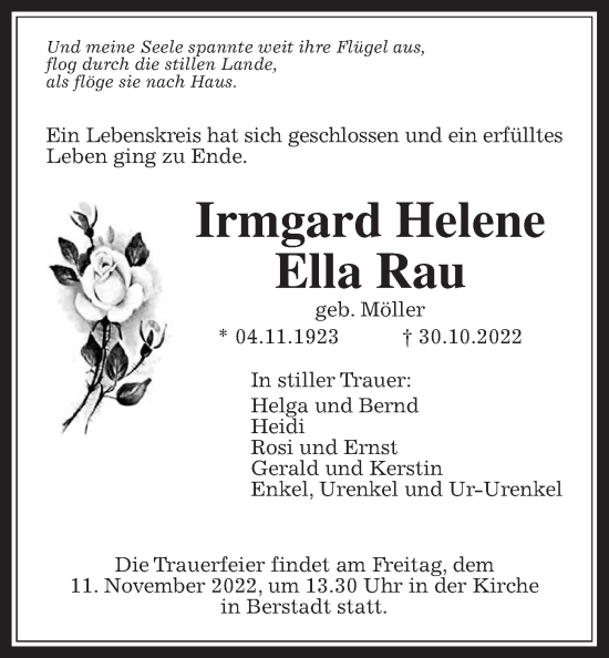 Traueranzeige von Irmgard Helene Ella Rau von Wetterauer Zeitung