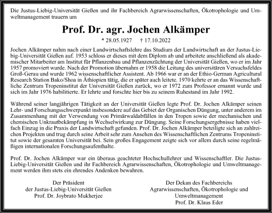 Traueranzeige von Jochen Alkämper von Giessener Allgemeine, Alsfelder Allgemeine, Giessener Anzeiger