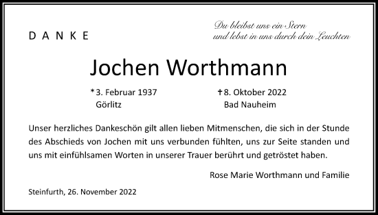 Traueranzeige von Jochen Worthmann von Wetterauer Zeitung