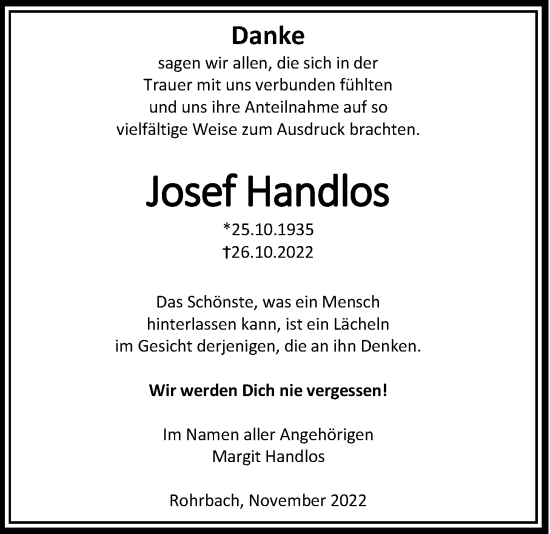 Traueranzeige von Josef Handlos von Kreis-Anzeiger