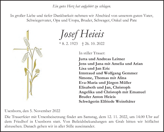 Traueranzeige von Josef Heieis von Kreis-Anzeiger
