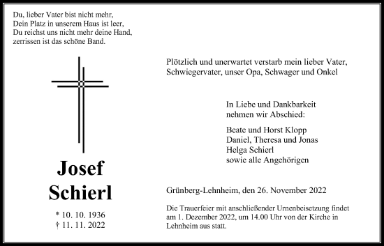 Traueranzeige von Josef Schierl von Giessener Allgemeine, Alsfelder Allgemeine