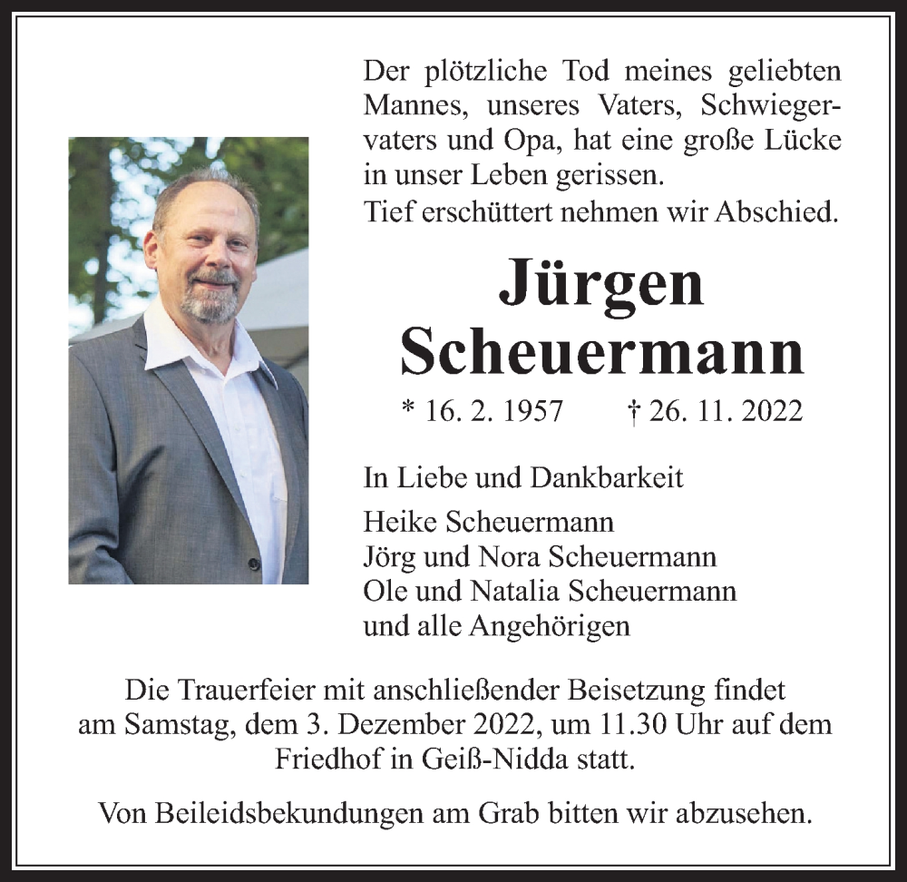  Traueranzeige für Jürgen Scheuermann vom 30.11.2022 aus Kreis-Anzeiger