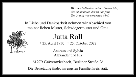 Traueranzeige von Jutta Roll von Usinger Anzeiger