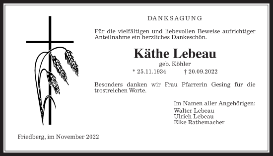 Traueranzeige von Käthe Lebeau von Wetterauer Zeitung