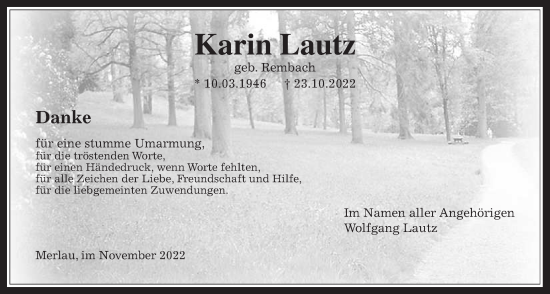 Traueranzeige von Karin Lautz von Alsfelder Allgemeine