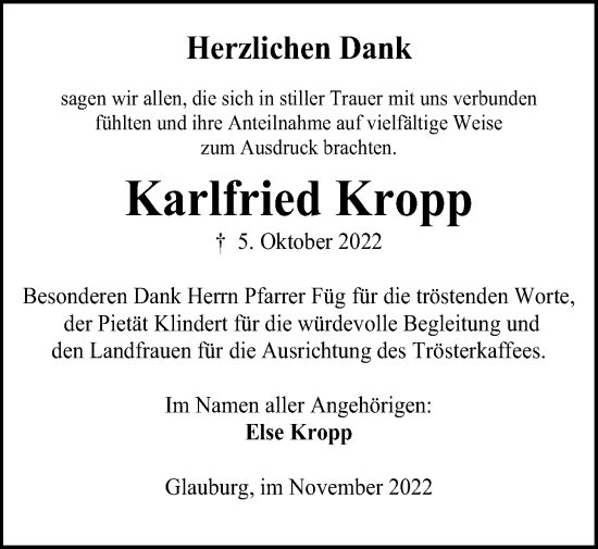 Traueranzeige von Karlfried Kropp von Kreis-Anzeiger