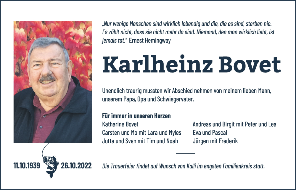  Traueranzeige für Karlheinz Bovet vom 03.11.2022 aus Bad Vilbel/Karben