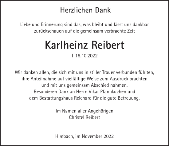 Traueranzeige von Karlheinz Reibert von Kreis-Anzeiger