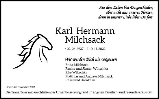 Traueranzeige von Karl Hermann Milchsack von Giessener Allgemeine, Alsfelder Allgemeine
