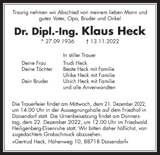 Traueranzeige von Klaus Heck von Kreis-Anzeiger