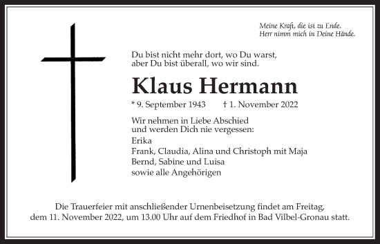 Traueranzeige von Klaus Hermann von Bad Vilbel/Karben