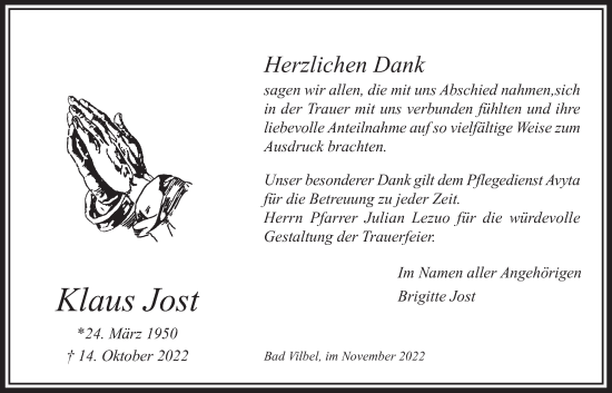 Traueranzeige von Klaus Jost von Bad Vilbel/Karben