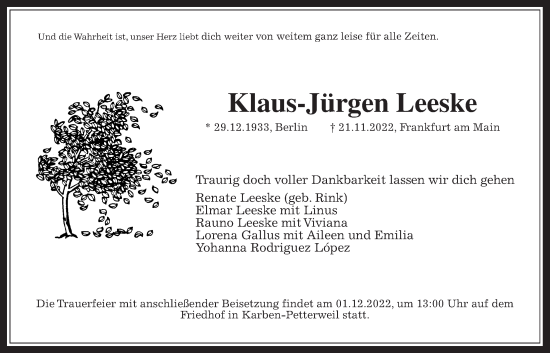 Traueranzeige von Klaus-Jürgen Leeske von Wetterauer Zeitung