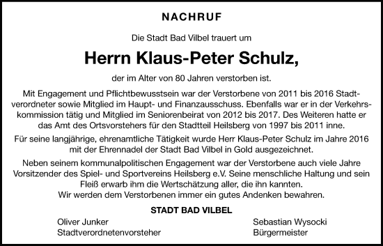 Traueranzeige von Klaus-Peter Schulz von Bad Vilbel/Karben