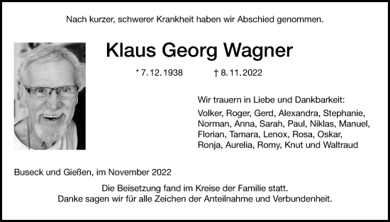 Traueranzeige von Klaus Georg Wagner von Giessener Anzeiger, Giessener Allgemeine, Alsfelder Allgemeine