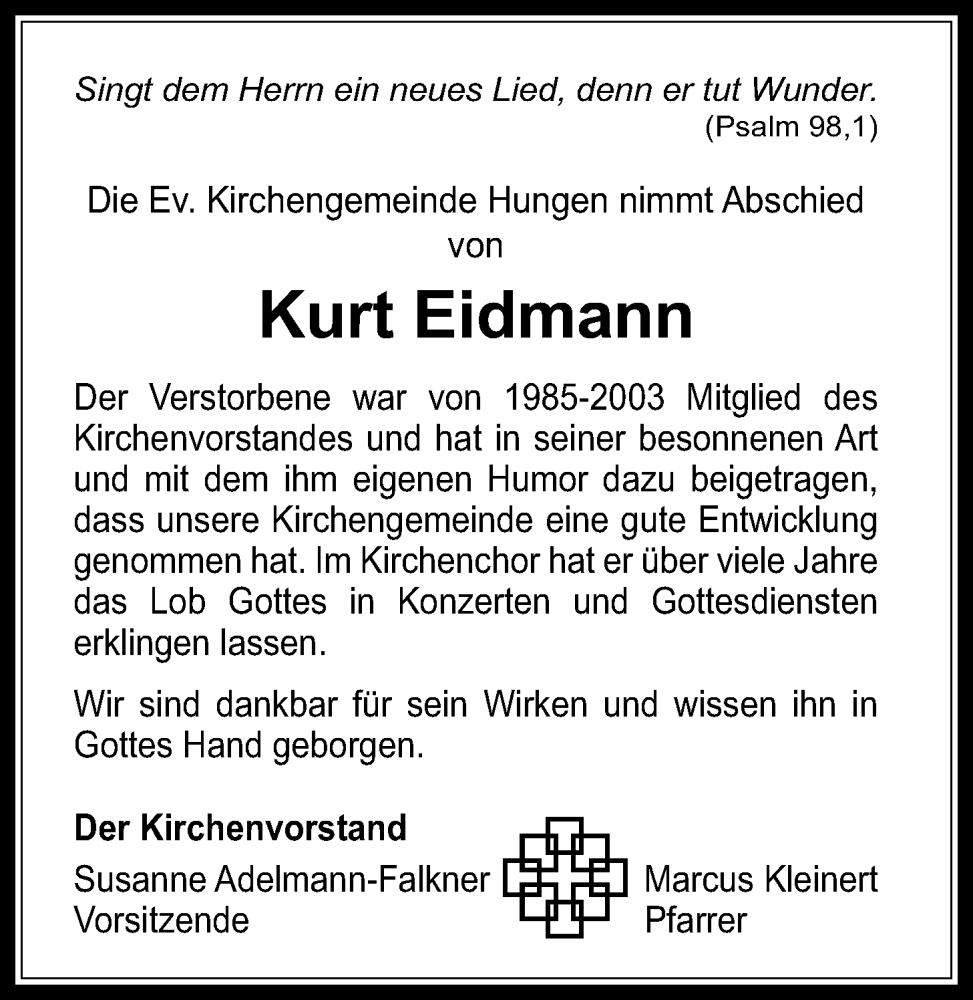  Traueranzeige für Kurt Eidmann vom 24.11.2022 aus Licher Wochenblatt