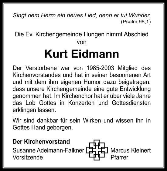 Traueranzeige von Kurt Eidmann von Licher Wochenblatt