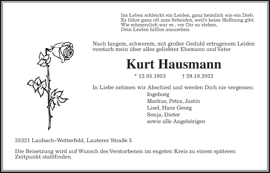 Traueranzeige von Kurt Hausmann von Giessener Allgemeine, Alsfelder Allgemeine, Laubacher Anzeiger