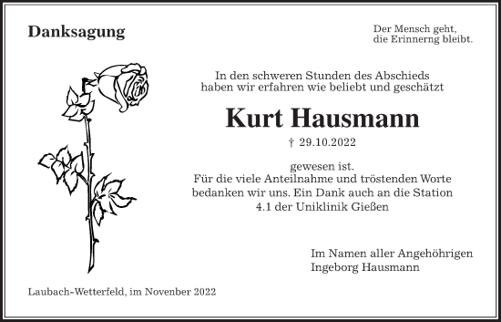Traueranzeige von Kurt Hausmann von Giessener Allgemeine, Alsfelder Allgemeine, Laubacher Anzeiger
