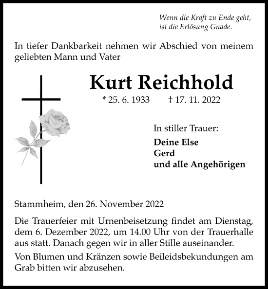 Traueranzeige von Kurt Reichhold von Kreis-Anzeiger