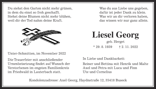 Traueranzeige von Liesel Georg von Giessener Anzeiger, Kreis-Anzeiger