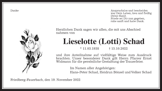 Traueranzeige von Lieselotte Schad von Wetterauer Zeitung