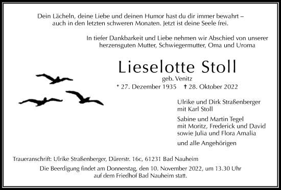 Traueranzeige von Lieselotte Stoll von Wetterauer Zeitung