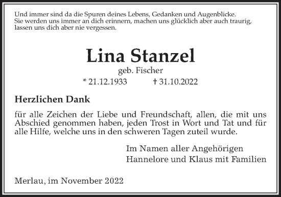 Traueranzeige von Lina Stanzel von Mücker Stimme