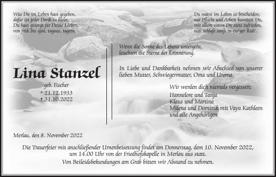 Traueranzeige von Lina Stanzel von Alsfelder Allgemeine