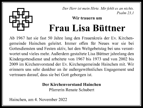 Traueranzeige von Lisa Büttner von Kreis-Anzeiger