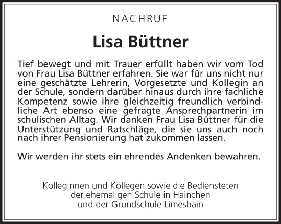Traueranzeige von Lisa Büttner von Kreis-Anzeiger
