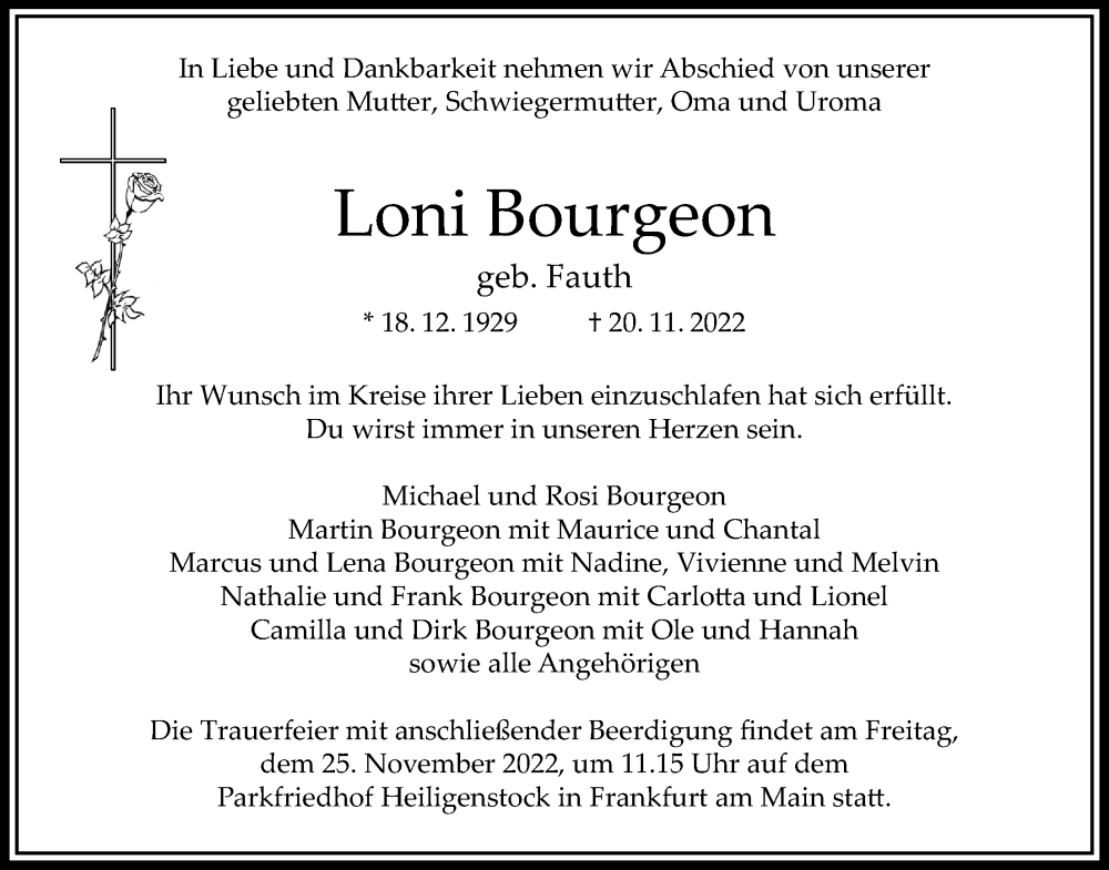  Traueranzeige für Loni Bourgeon vom 24.11.2022 aus Bad Vilbel/Karben