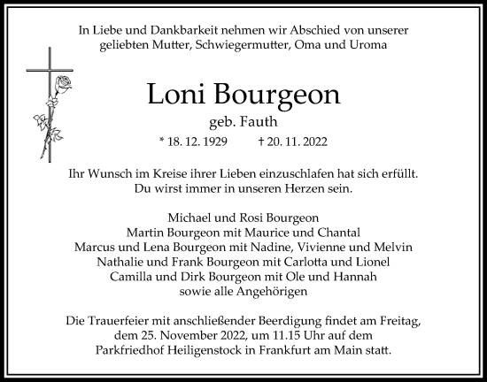 Traueranzeige von Loni Bourgeon von Bad Vilbel/Karben