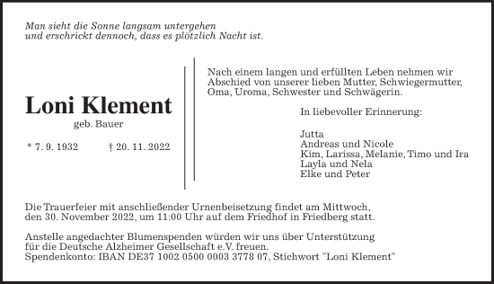 Traueranzeige von Loni Klement von Wetterauer Zeitung