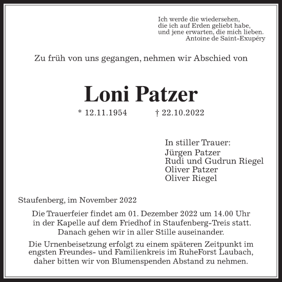 Traueranzeige von Loni Patzer von Giessener Anzeiger, Giessener Allgemeine, Alsfelder Allgemeine