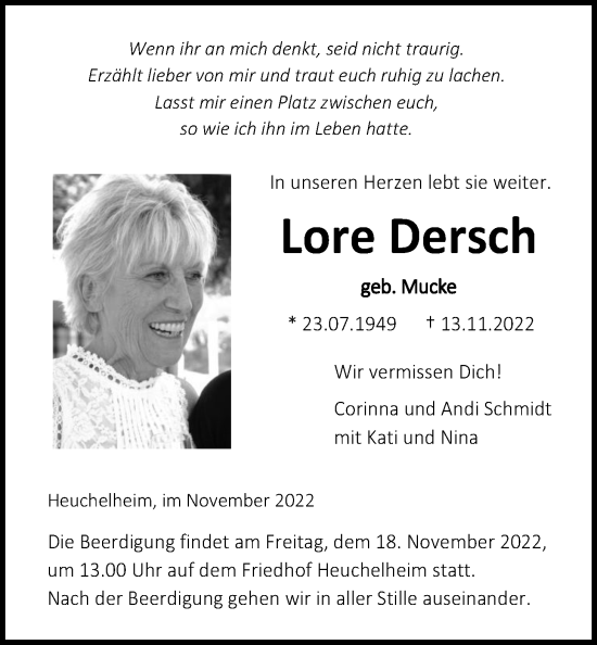 Traueranzeige von Lore Dersch von Giessener Anzeiger, Giessener Allgemeine, Alsfelder Allgemeine