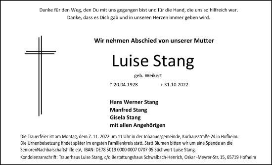 Traueranzeige von Luise Stang 