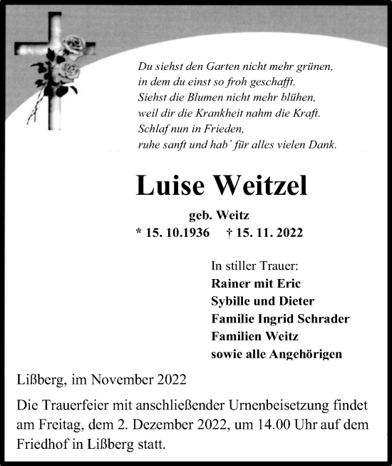 Traueranzeige von Luise Weitzel von Kreis-Anzeiger