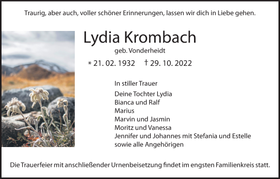 Traueranzeige von Lydia Krombach von Giessener Allgemeine, Alsfelder Allgemeine