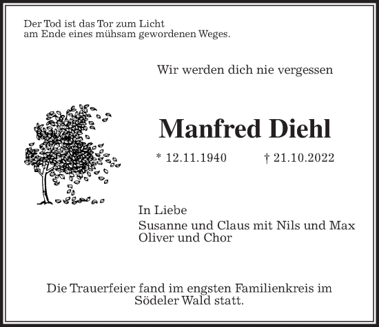 Traueranzeige von Manfred Diehl von Wetterauer Zeitung